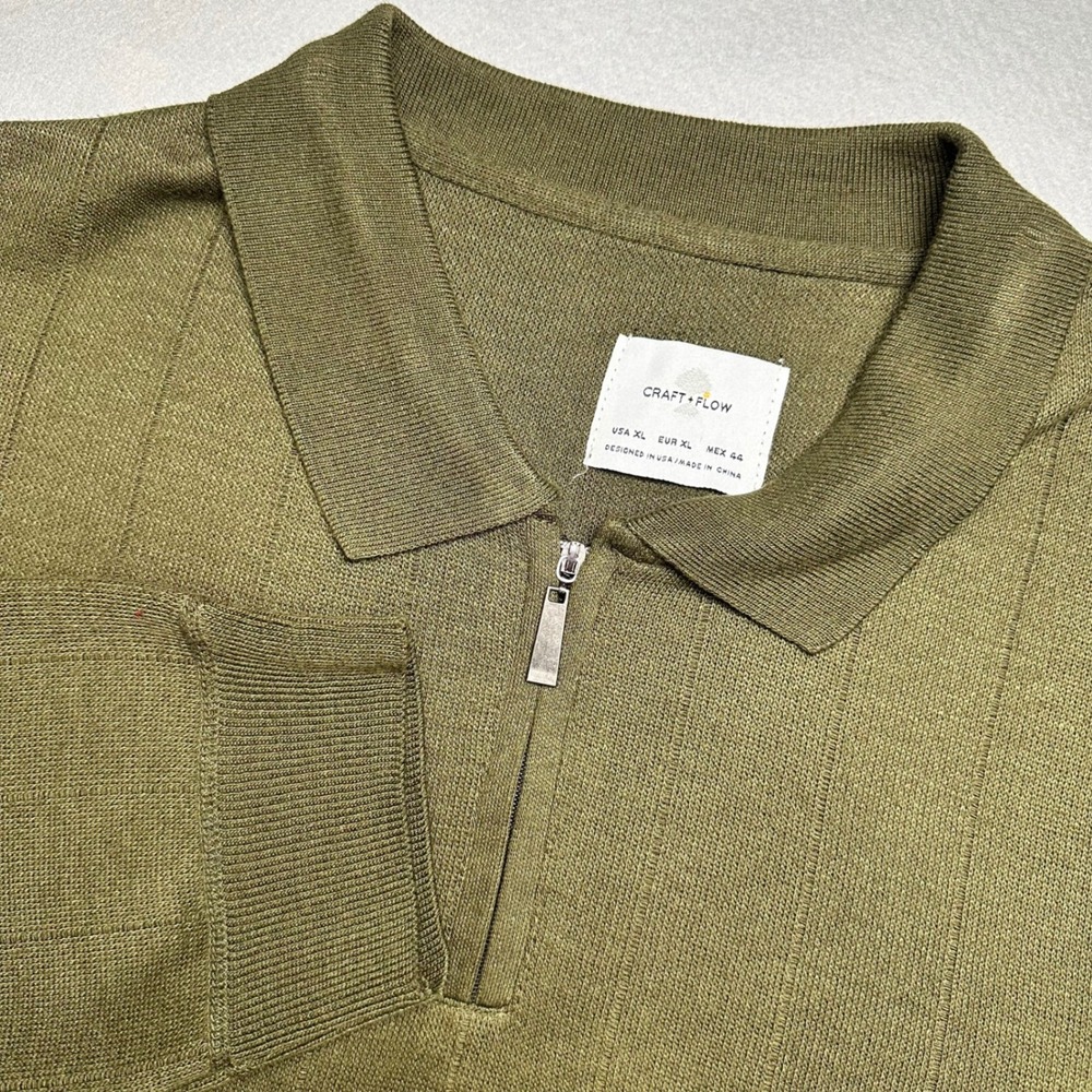 Craft + Flow Mens XL Luxury Sweater Polo Long Sleeve Quarter Zip Olive Green NEW